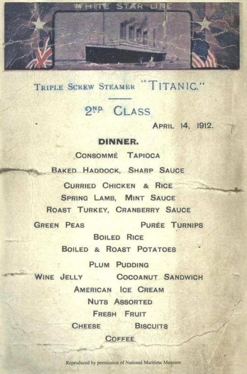 Die Speisekarte der 2. Klasse auf der RMS Titanic ist ziemlich vielfältig.
