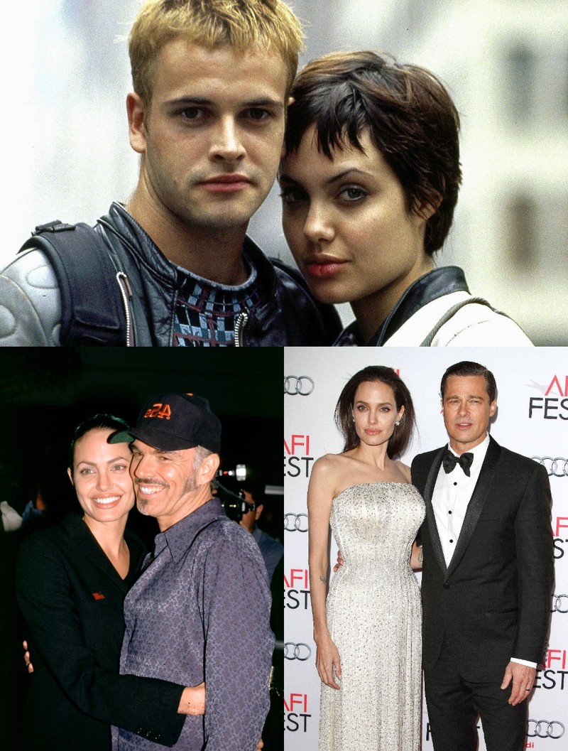 Das Bild visualisiert Angelina Jolie mit ihren drei Ex-Ehemännern: Brad Pitt, Billy Bob Thornton und Jonny Lee Miller