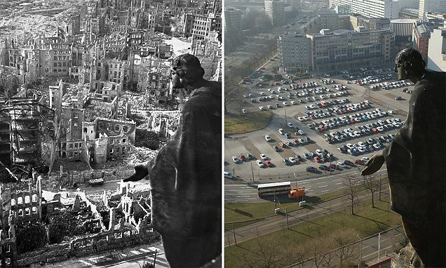 Dresden nach dem zweiten Weltkrieg und wie es mittlerweile aussieht.