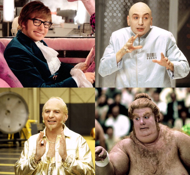 Eine Collage von allen Rollen, die Mike Myers in "Austin Powers" verkörpert hat