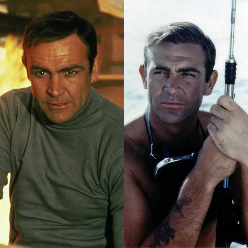 Kaum einer weiß es, aber Sean Connery trug in den Bondfilmen ein Toupet! Links: Sean Connery in "You Only Live Twice" mit echten Haaren. Rechts: Sean Connery in "Feuerball"