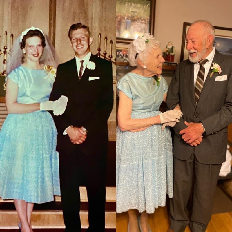 Das Ehepaar trägt 60 Jahre später nochmal die alten Hochzeitsoutfits